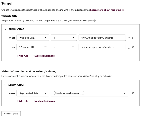 Screenshot of the chatflow Target tab, showing Website URL and visitor information targeting rules.