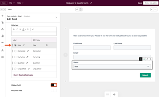 Screenshot of the form editor's content sidebar, highlighting the toggle to set a form field as a Hidden field.