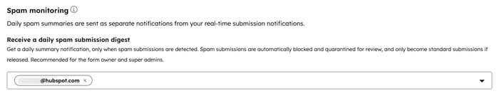 Legacy form editor spam monitoring section with daily spam digest option and email recipient field.