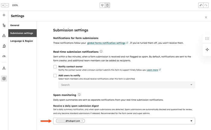Form editor submission settings showing spam monitoring section with daily spam digest recipient field highlighted.