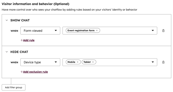 Screenshot of the chatflow Target tab, showing Visitor information and behavior targeting rules.