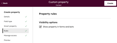 Screenshot of the property editor's Rules section, showing the “Show property in forms and bots” checkbox selected.