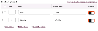 The property editor, displaying dropdown select property options, highlighting the option to show the values in forms.