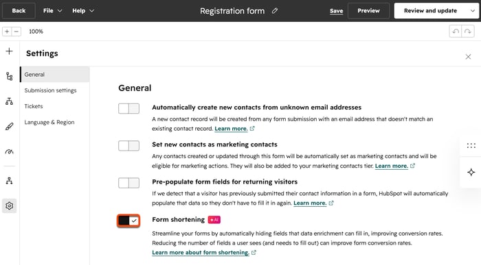 A screenshot of the form editor settings, highlighting the setting for Form shortening.