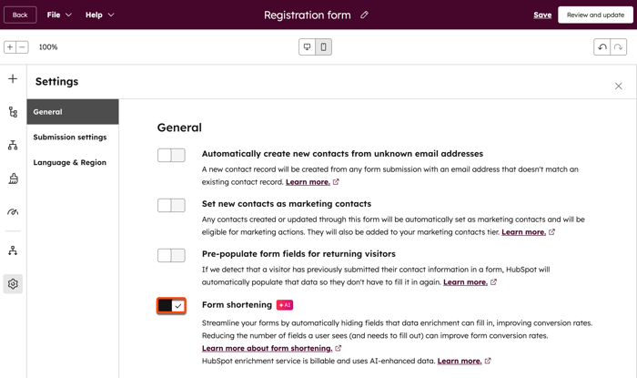 A screenshot of the forms tool settings, highlighting the setting for Form shortening.