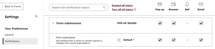 Notification settings, showing the form submission notification types.