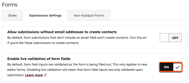 Screenshot of the Forms Submissions Settings tab, showing the "Enable live validation of form fields" toggle set to ON.
