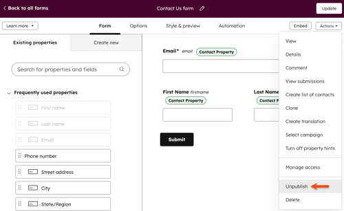 The legacy form editor, highlighting the option to unpublish a form.