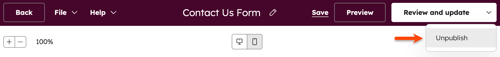 The form editor, highlighting the option to unpublish a form.