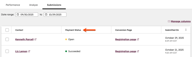 The Submissions tab of the Forms tool, highlighting the Payment Status column in a table of form submissions.