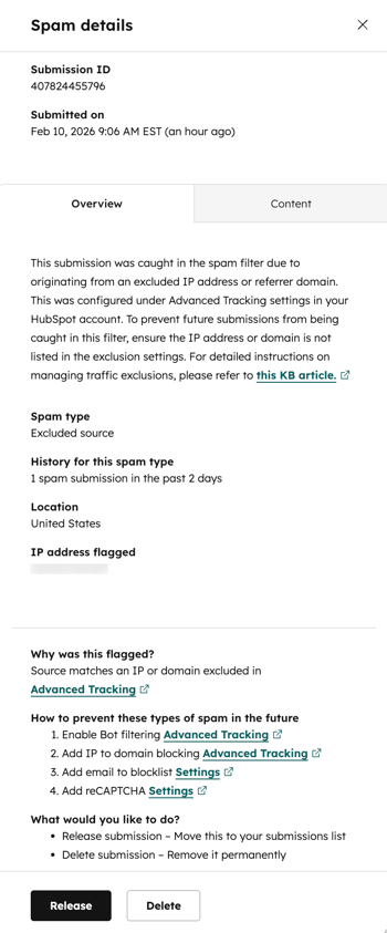 Submission details panel showing an example spam form submission flagged as “Excluded source,” with spam properties, submission fields, and Release/Delete buttons.