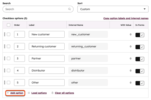 The property editor, highlighting the action to "Add option" to a property.