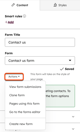 The page editor, displaying the option to add a form to the landing page.