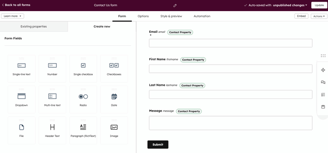 The legacy form editor, showing how to add a paragraph element to a form.