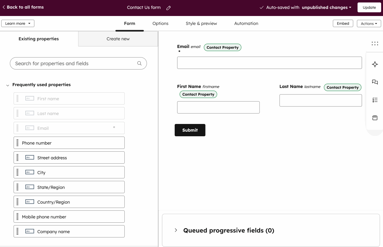 The legacy form editor, displaying how to add progressive fields to the form.