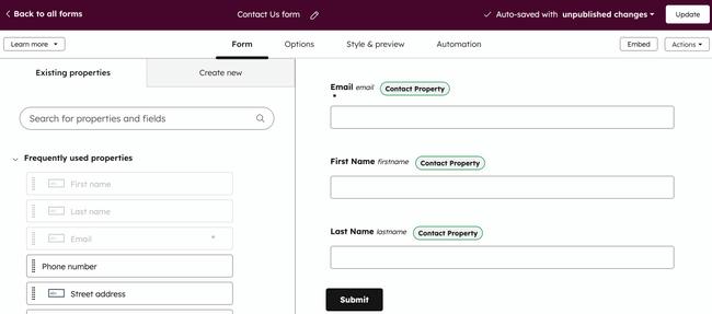 The legacy form editor, displaying how to arrange form fields.
