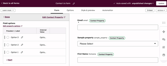 The legacy form editor, displaying how to change the order of options in a form field.