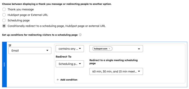 The legacy forms editor, displaying the option to redirect a form to a scheduling page based on conditional logic.