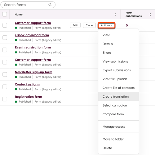 Forms index page, showing the option to create a translation for a legacy form.