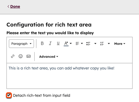The legacy form editor, displaying the configuration for a rich text area.