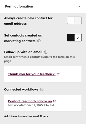 The page editor, displaying the option to edit form's automation settings.