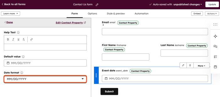 The legacy form editor, highlighting the option to edit the format of a date field.