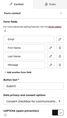 The page editor, displaying the option to edit form content, such as form fields, the button text, and data privacy and consent options.