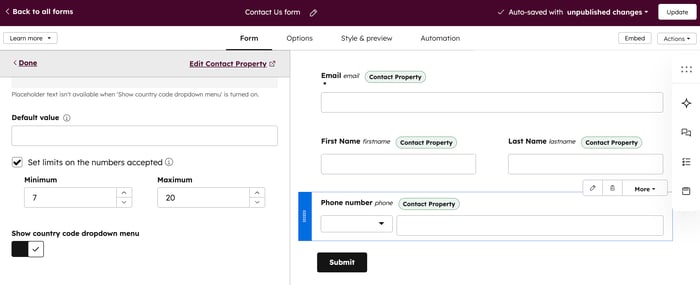 The legacy form editor, highlighting the option to input a&nbsp;minimum&nbsp;and&nbsp;maximum&nbsp;phone number length and show the country code menu.