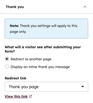 The page editor, displaying the option to edit form's thank you messaging or redirect to another page.