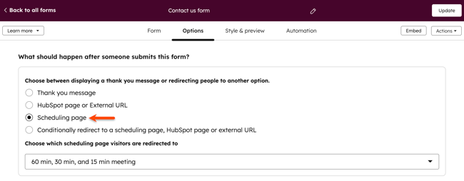 The legacy forms editor, displaying the option to redirect a form to a scheduling page.