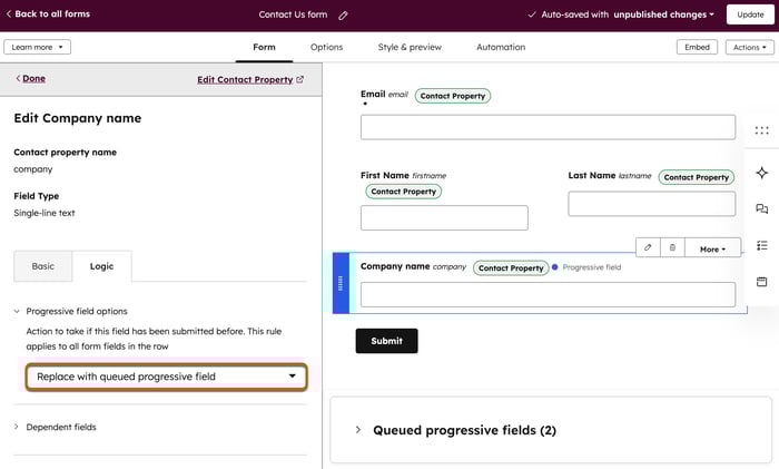 Legacy form editor, highlighting the option to replace a form field with a queued progressive field.