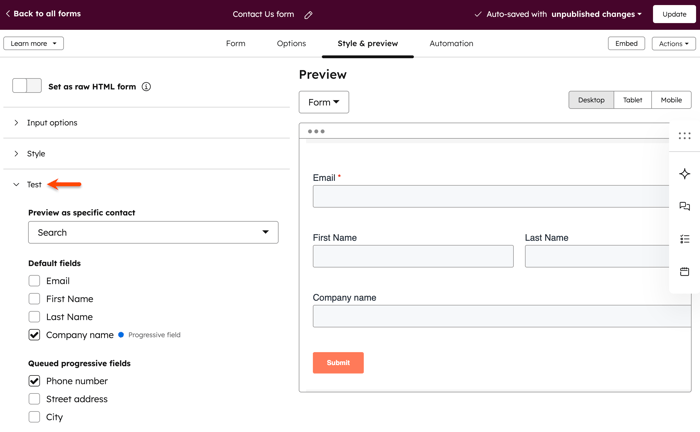 Legacy form editor, highlighting the option to test progressive fields.