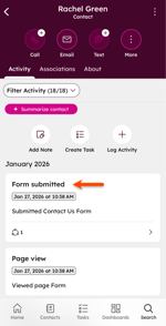 The HubSpot mobile app, showing form submitted activity on a contact record.