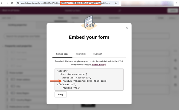Screenshot of the legacy form editor, highlighting the form ID in the browser URL and in the embed code.