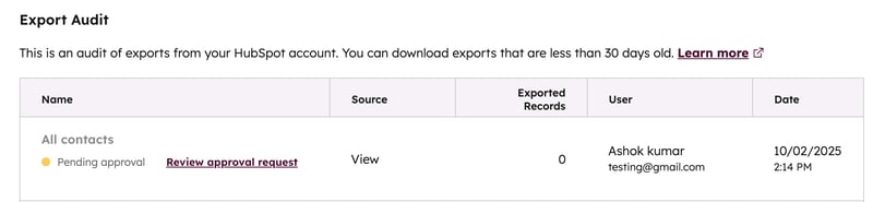 An Export Audit table showing a pending export for All contacts. The record shows a Pending approval status, the user, and the export date of 10/02/2025