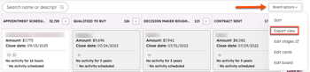 Screenshot of HubSpot deal sales pipeline, showing columns for different stages like "Appointment Scheduled," "Qualified to Buy," etc., with a dropdown menu labeled "Board options" expanded, highlighting the "Export view" option