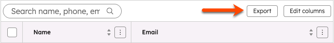 Image of CRM record table in list view, with arrow pointing at "Export" button in upper right.