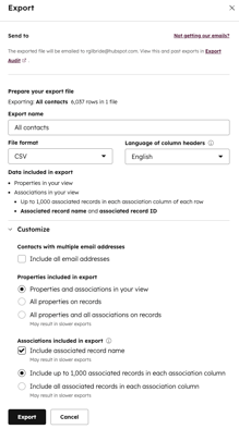 Screenshot of an "Export" dialog box with options to send the export via email, prepare the export file with details like export name and file format, customize the export with options for multiple email addresses, properties, and associations, and buttons to "Export" or "Cancel