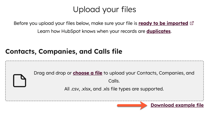 Import files tool, showing the option to download an example file for a contacts, companies, and calls import.