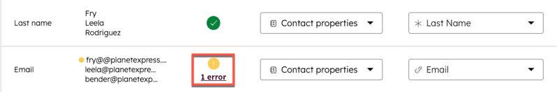 Image of an import error on a mapped field.