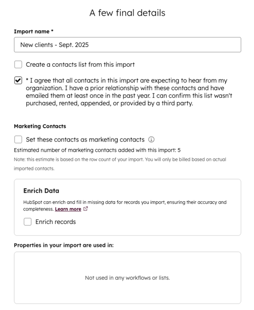 Import configuration page showing "Enriched records" as the import name, agreement checked, marketing contacts option, and "Enrich with Breeze Intelligence" checked