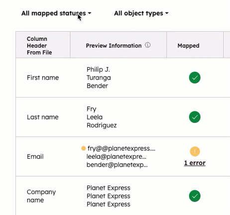 GIF displaying how to filter an import by "mapped statuses" and "object types," using the dropdown menus at the top of the mapped columns.