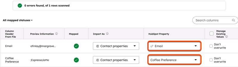 Import mapping screen linking Email and Coffee Preference columns from the file to HubSpot contact properties.