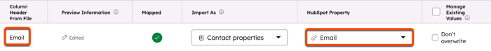 Écran de mappage d’import HubSpot montrant l’en-tête de colonne E-mail du fichier (en surbrillance) mappé vers la propriété HubSpot d’e-mail (en surbrillance) sous Propriétés de contact.