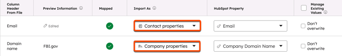 Écran de mappage d’import HubSpot montrant deux colonnes mappées. La colonne E-mail est mappée aux propriétés de contact et la colonne Nom de domaine est mappée aux propriétés d’entreprise.