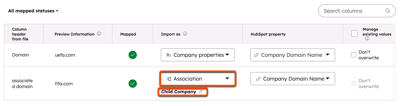 Import mapping screen showing an associated domain column mapped as an association with the Child Company label selected.