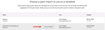 A HubSpot screen to choose a past import as a template. An orange arrow points to the Use as template button for the Automatic formatting.csv import.