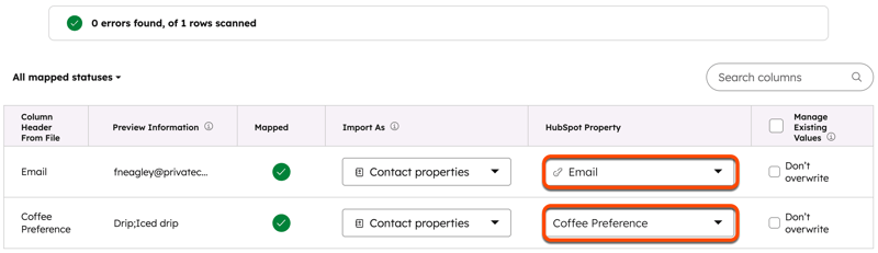 Import mapping screen linking Email and Coffee Preference columns from a file with Drip and Iced drip values to HubSpot properties.