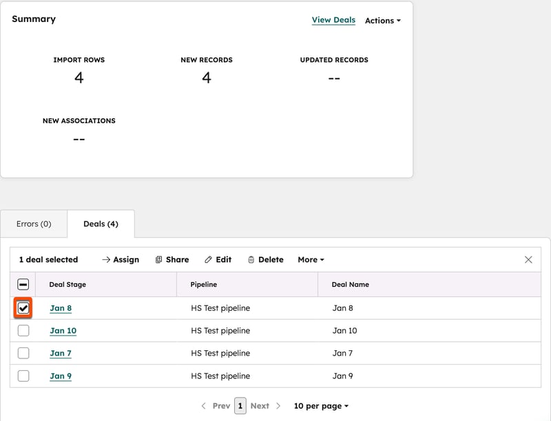 Screenshot showing an import summary with four new deal records and a deals table, where one deal checkbox is selected.