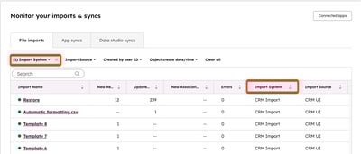 HubSpot File imports tab showing import records, with Import System column and filter set to CRM Import highlighted.